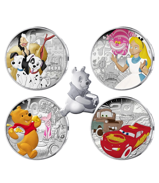 França 2026 — cinco moedas Disney de 10€ Proof: 101 Dálmatas, Alice, Winnie, Cars e Winnie Forma